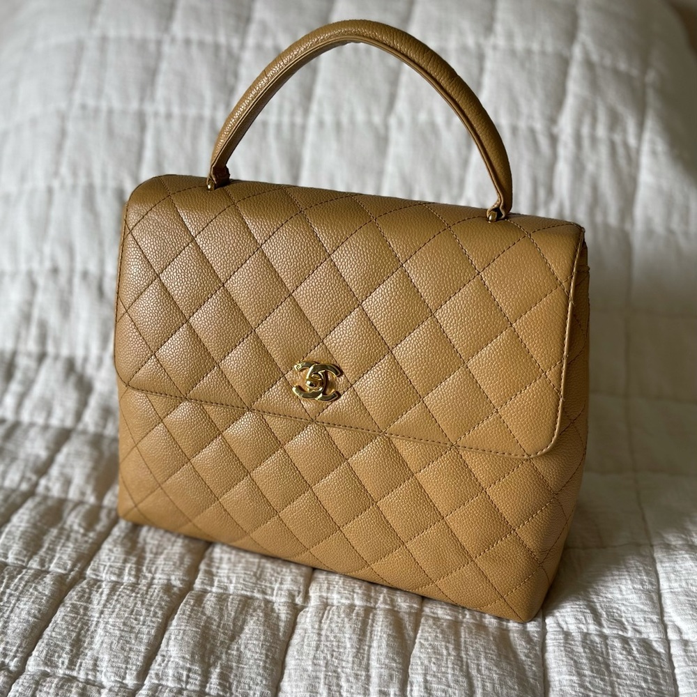 CHANEL Jumbo Vintage Kelly Top Handle Trendy Flap 24k GHW Beige Caviar w COA